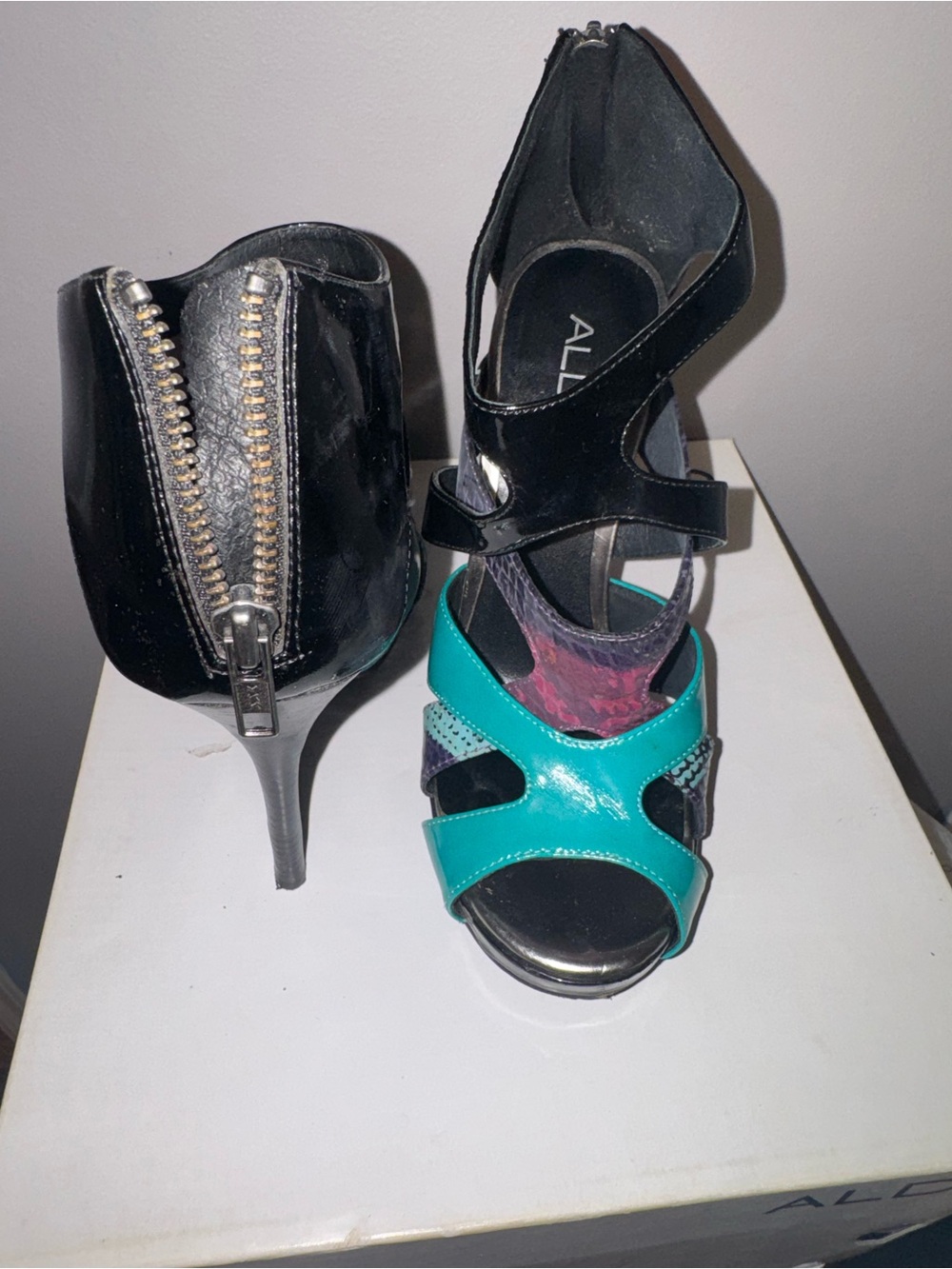 Aldo VANHOVE Teal, Black & Purple Snake-Print Strappy High Heel Sandals 8.5 - Picture 5 of 6